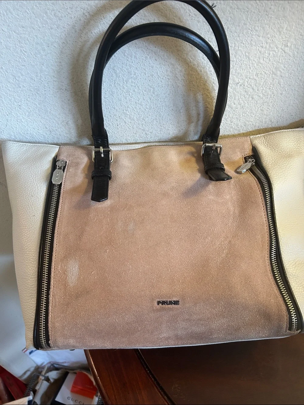 Prune Two-Tone Suede & Leather Tote Bag - Blush/White